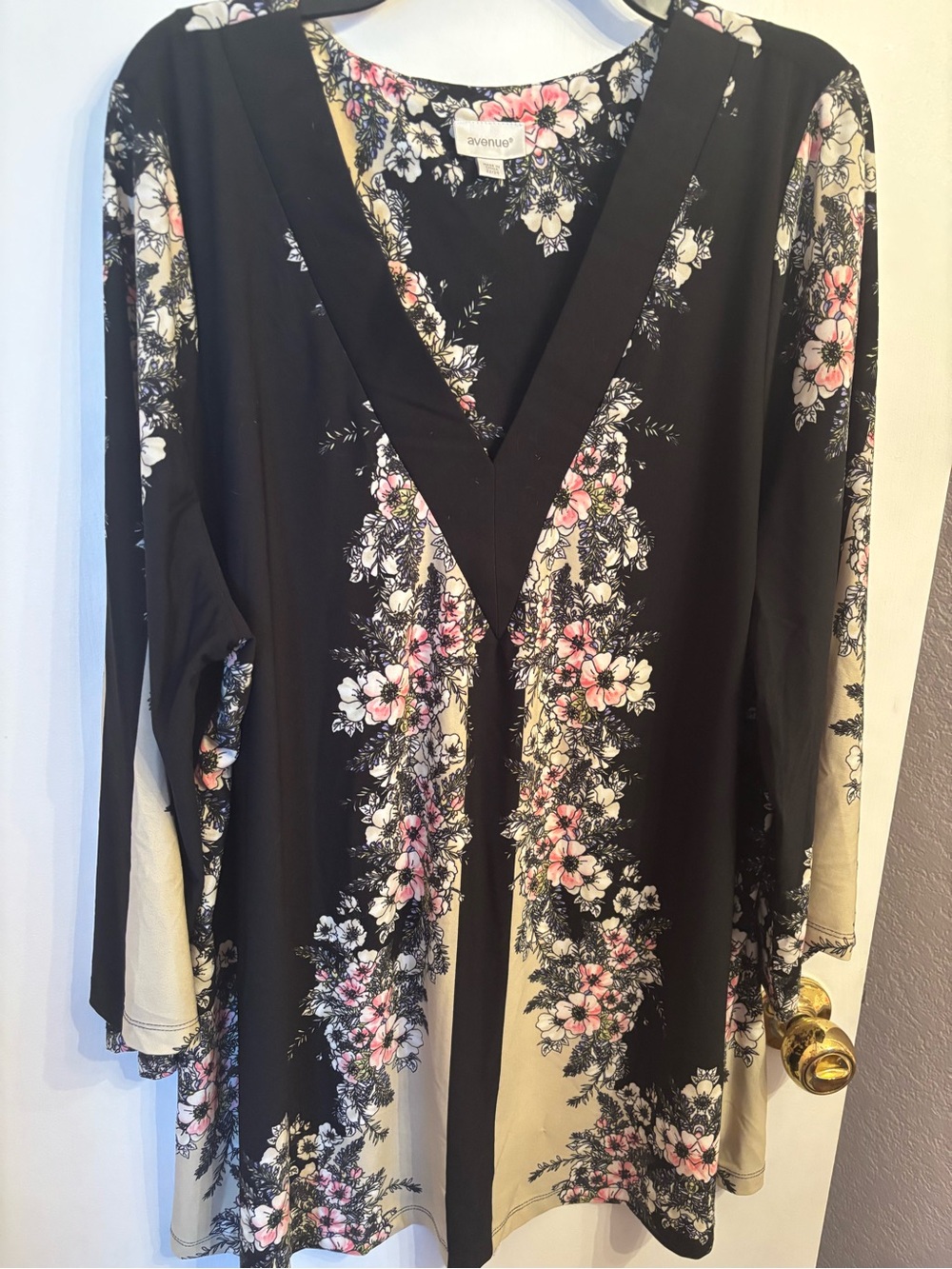 Avenue Black Floral V-Neck Tunic with Pink and Cream Blooms